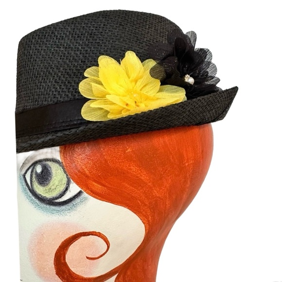 FEDORA ~ Black Fedora with Black Satin Ribbon and Interchangeable Flower Clips - Picture 3 of 6